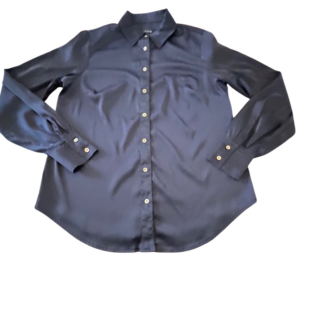Talbots Navy Blue Satin Button Down Shirt Long Sleeve Stretch Blouse XS VN5457